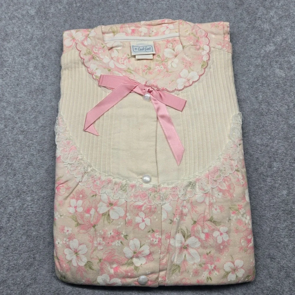 Vintage Carol Brent‎ Nightgown Womens 36 Pink Floral Button Front Made USA 80s